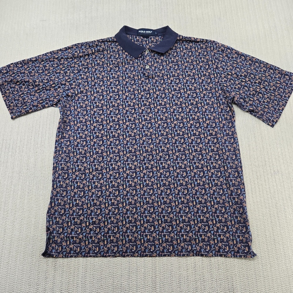 Polo Ralph Lauren Golf Shirt Mens Large Blue All Over Print AOP Graphic Retro